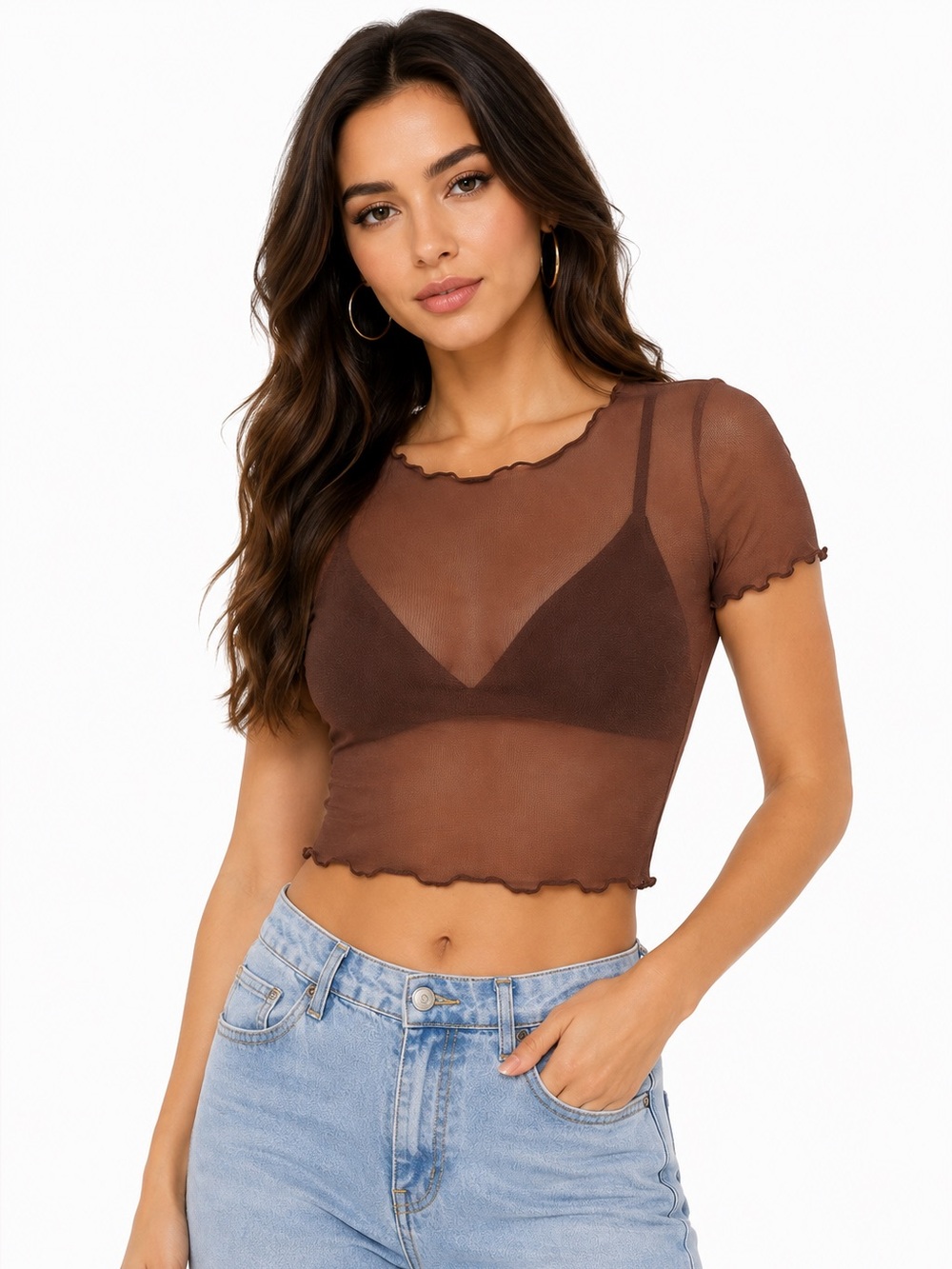 🤎 SHEIN Brown Sheer Mesh Crop Top | Y2K Fairy Grunge Coquette Small/XS